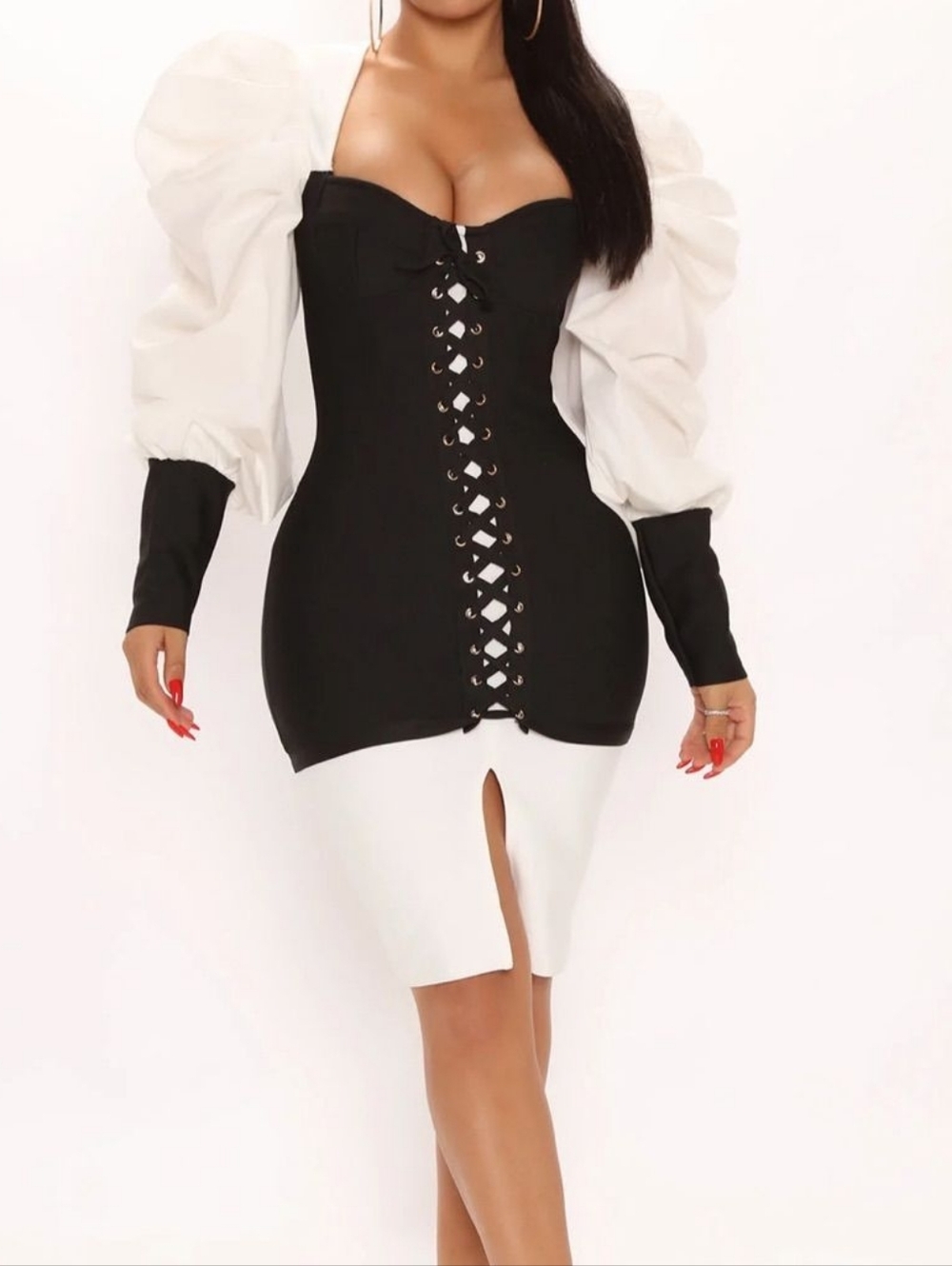 AKIRA Black & White Lace-Up Puff Sleeve Mini Dress